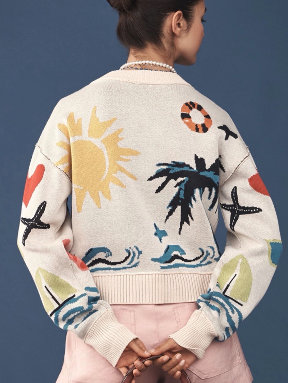 Anthropologie Cream Beach Motif Knit Sweater with Multicolor Accents